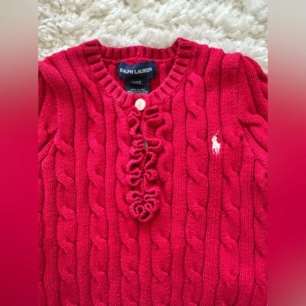 Ralph Lauren Girls Cable Knit Sweater Ruffle Red size 3 / 3T